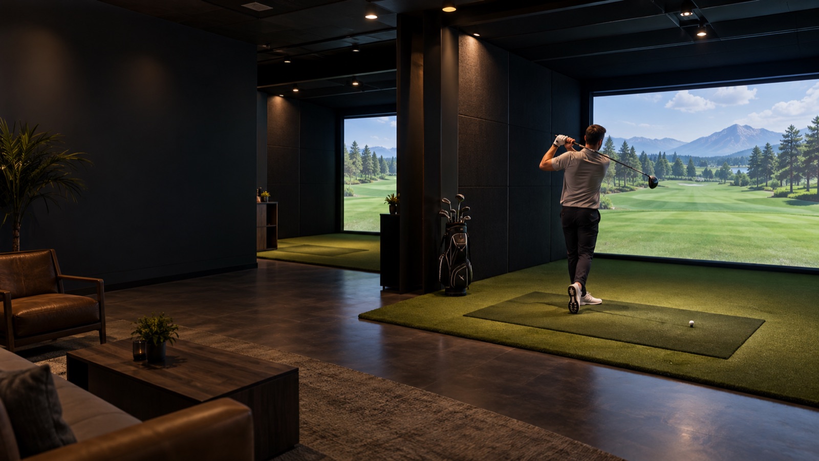 A golfer finishing a swing in an indoor simulator bay